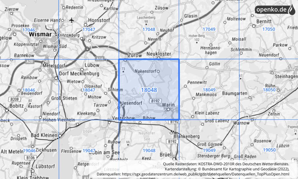 Übersichtskarte KOSTRA-DWD-2010R Rasterfeld Nr. 18048 mit angrenzenden Feldern
