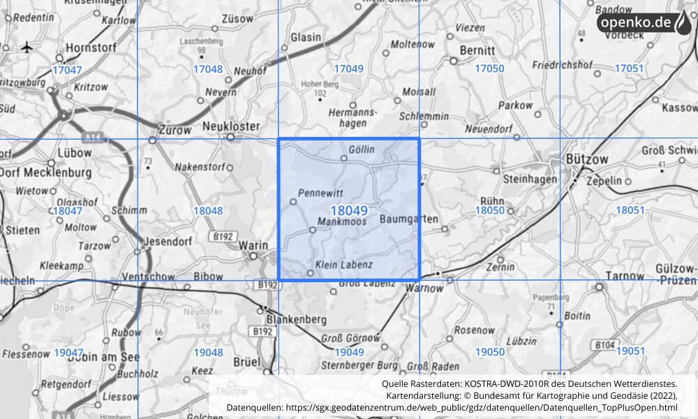 Übersichtskarte KOSTRA-DWD-2010R Rasterfeld Nr. 18049 mit angrenzenden Feldern