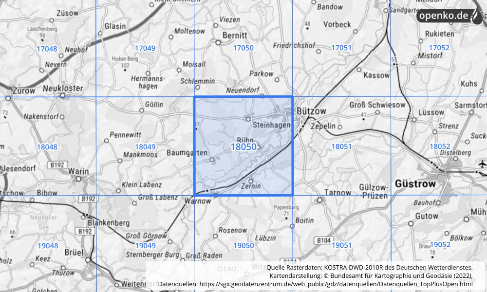 Übersichtskarte KOSTRA-DWD-2010R Rasterfeld Nr. 18050 mit angrenzenden Feldern