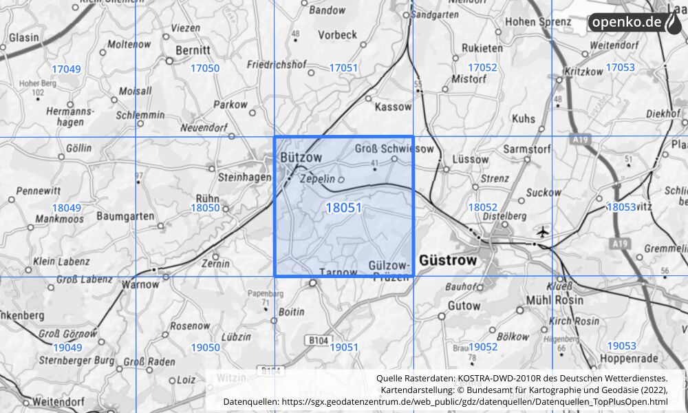 Übersichtskarte KOSTRA-DWD-2010R Rasterfeld Nr. 18051 mit angrenzenden Feldern