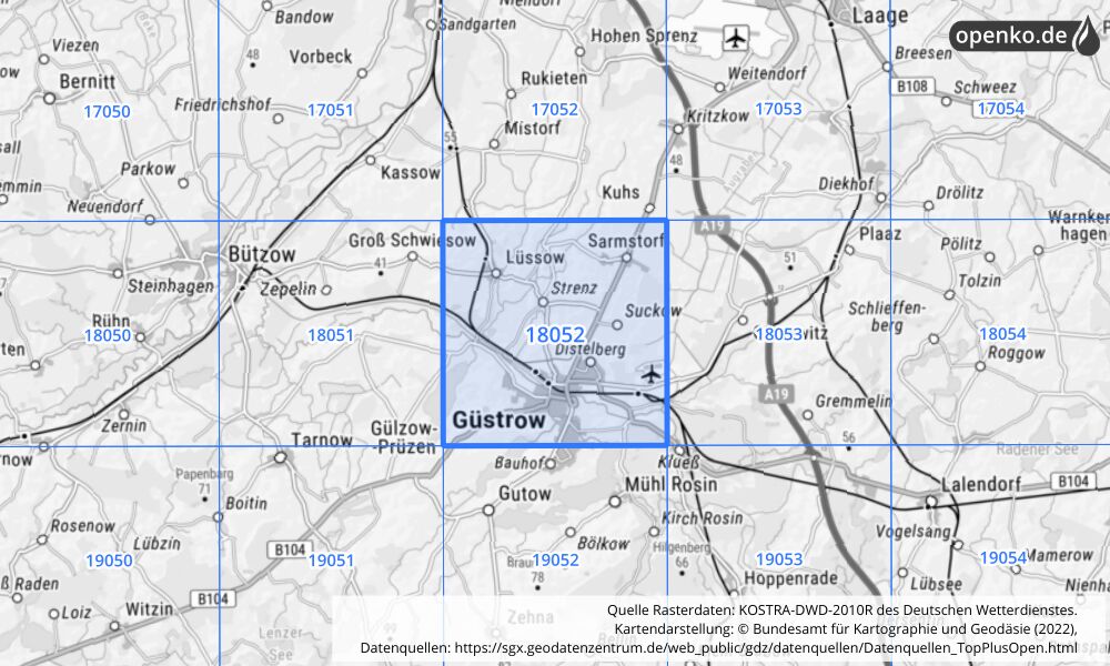 Übersichtskarte KOSTRA-DWD-2010R Rasterfeld Nr. 18052 mit angrenzenden Feldern