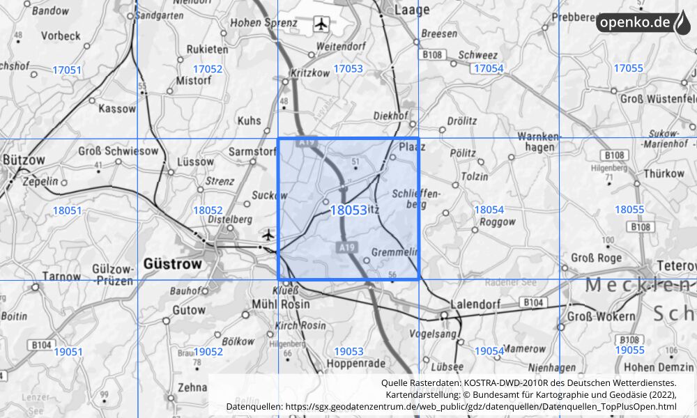 Übersichtskarte KOSTRA-DWD-2010R Rasterfeld Nr. 18053 mit angrenzenden Feldern