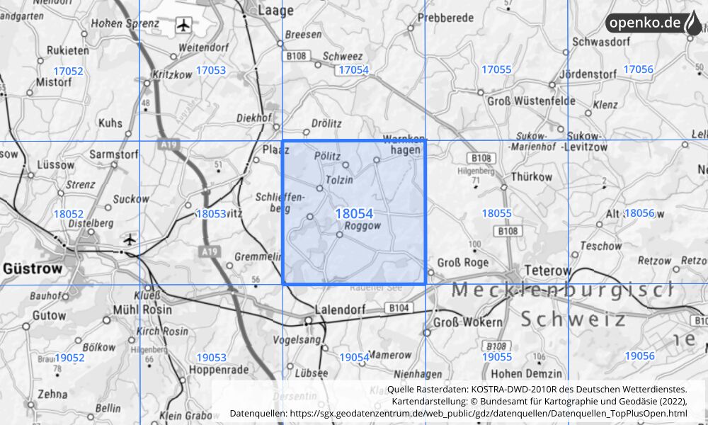 Übersichtskarte KOSTRA-DWD-2010R Rasterfeld Nr. 18054 mit angrenzenden Feldern