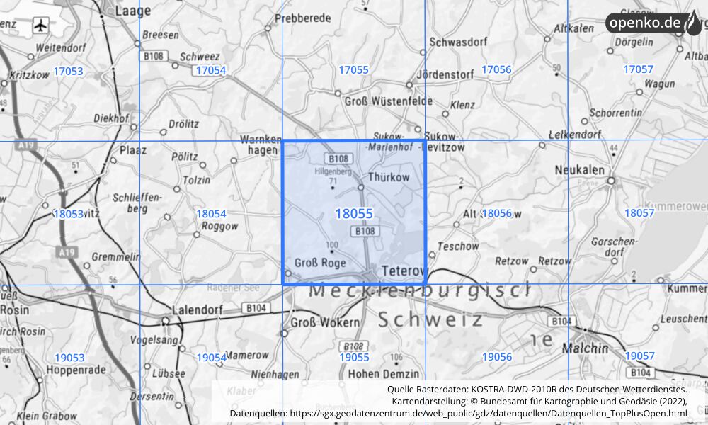 Übersichtskarte KOSTRA-DWD-2010R Rasterfeld Nr. 18055 mit angrenzenden Feldern