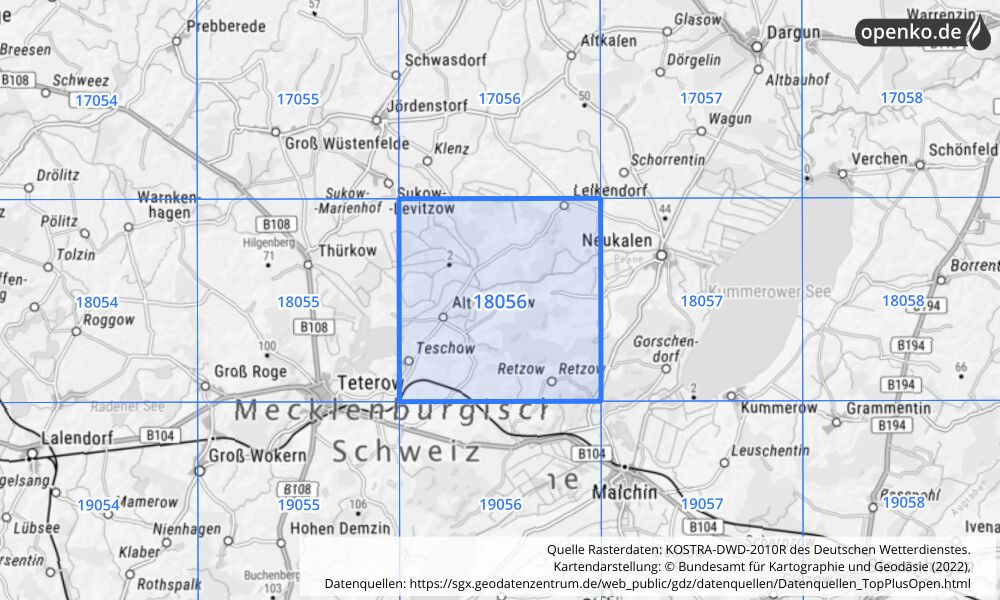 Übersichtskarte KOSTRA-DWD-2010R Rasterfeld Nr. 18056 mit angrenzenden Feldern