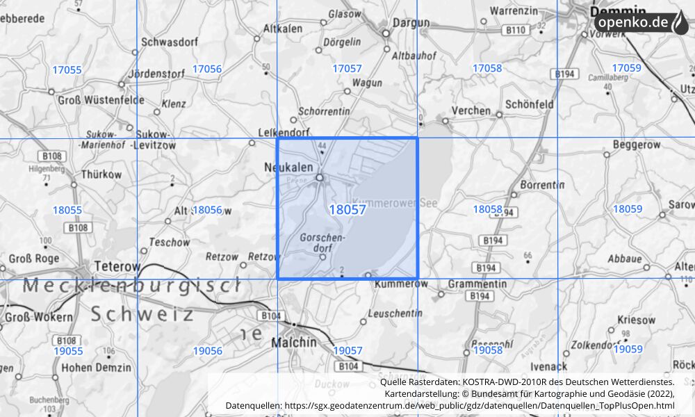 Übersichtskarte KOSTRA-DWD-2010R Rasterfeld Nr. 18057 mit angrenzenden Feldern