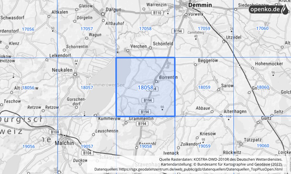 Übersichtskarte KOSTRA-DWD-2010R Rasterfeld Nr. 18058 mit angrenzenden Feldern