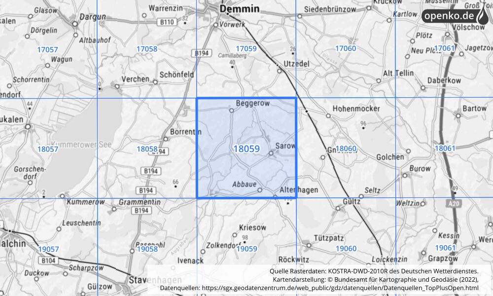 Übersichtskarte KOSTRA-DWD-2010R Rasterfeld Nr. 18059 mit angrenzenden Feldern