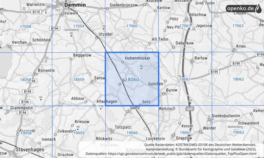 Übersichtskarte KOSTRA-DWD-2010R Rasterfeld Nr. 18060 mit angrenzenden Feldern