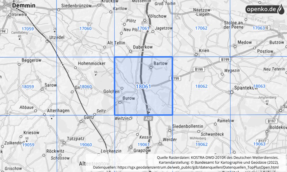 Übersichtskarte KOSTRA-DWD-2010R Rasterfeld Nr. 18061 mit angrenzenden Feldern