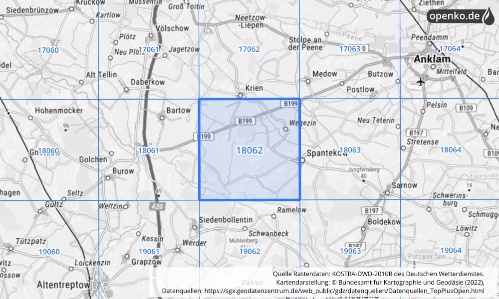 Übersichtskarte KOSTRA-DWD-2010R Rasterfeld Nr. 18062 mit angrenzenden Feldern