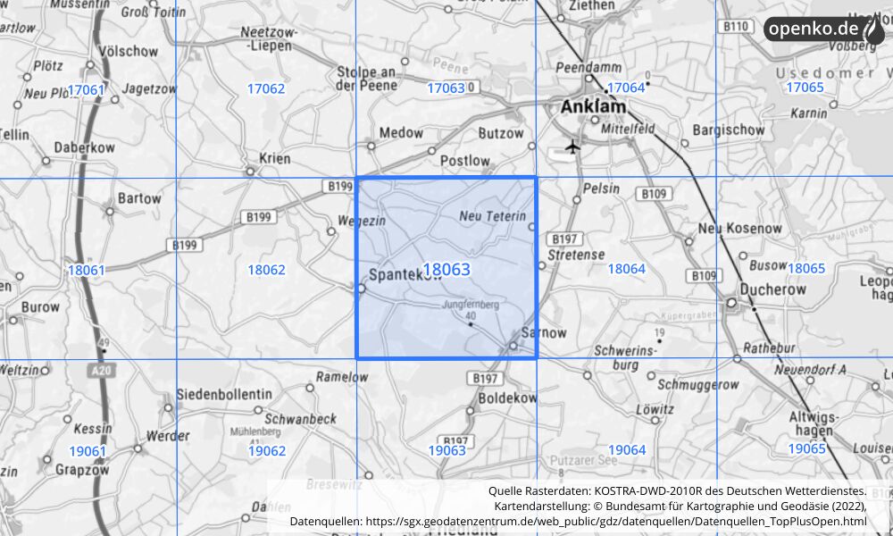 Übersichtskarte KOSTRA-DWD-2010R Rasterfeld Nr. 18063 mit angrenzenden Feldern