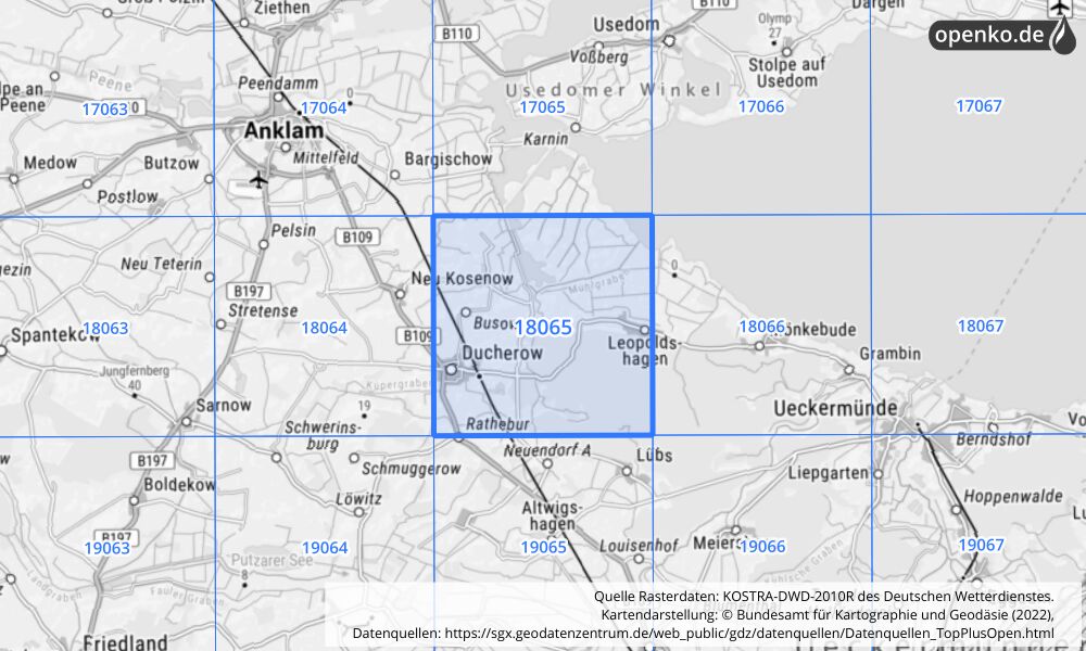 Übersichtskarte KOSTRA-DWD-2010R Rasterfeld Nr. 18065 mit angrenzenden Feldern