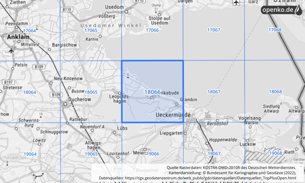 Übersichtskarte KOSTRA-DWD-2010R Rasterfeld Nr. 18066 mit angrenzenden Feldern