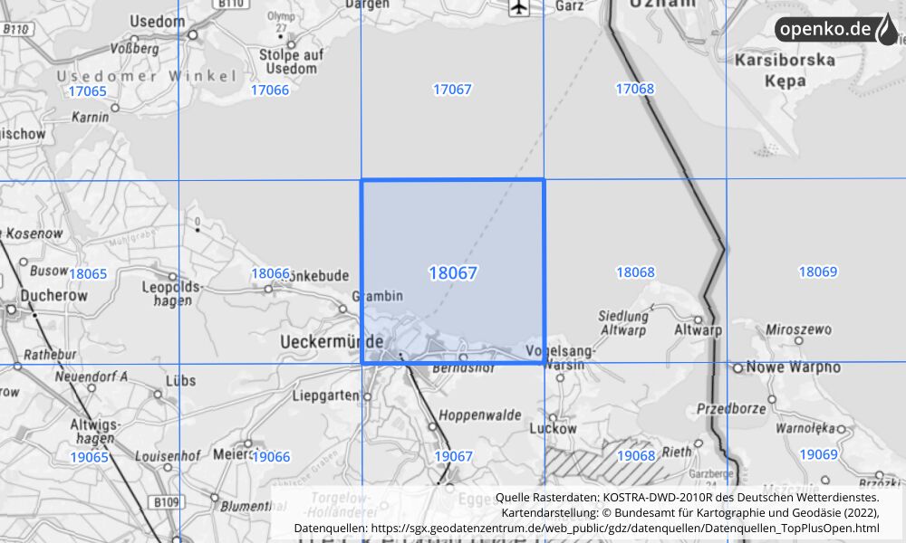 Übersichtskarte KOSTRA-DWD-2010R Rasterfeld Nr. 18067 mit angrenzenden Feldern