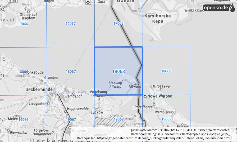 Übersichtskarte KOSTRA-DWD-2010R Rasterfeld Nr. 18068 mit angrenzenden Feldern