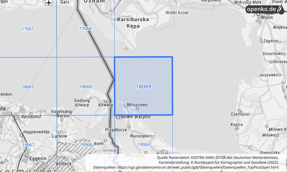 Übersichtskarte KOSTRA-DWD-2010R Rasterfeld Nr. 18069 mit angrenzenden Feldern