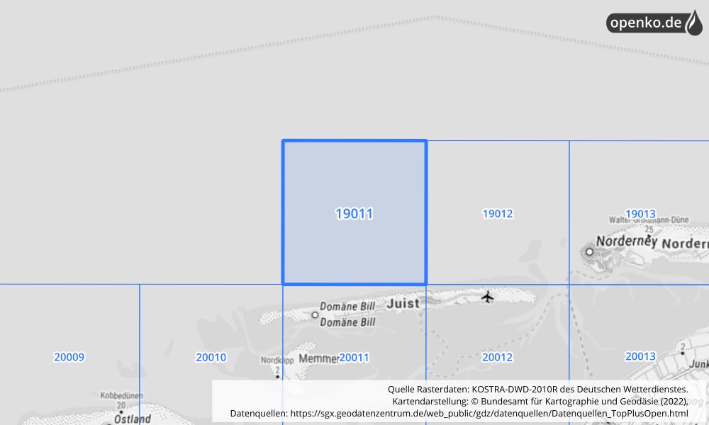 Übersichtskarte KOSTRA-DWD-2010R Rasterfeld Nr. 19011 mit angrenzenden Feldern