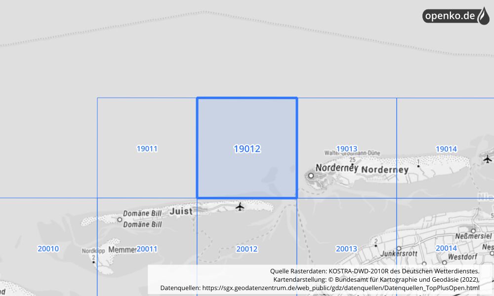 Übersichtskarte KOSTRA-DWD-2010R Rasterfeld Nr. 19012 mit angrenzenden Feldern