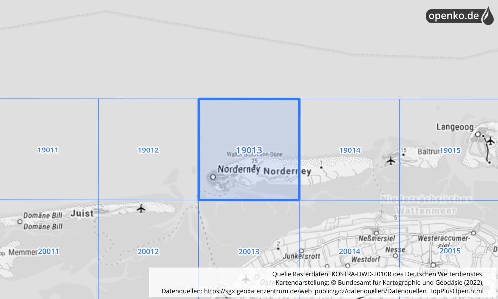 Übersichtskarte KOSTRA-DWD-2010R Rasterfeld Nr. 19013 mit angrenzenden Feldern