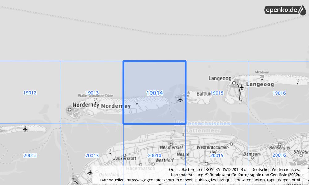 Übersichtskarte KOSTRA-DWD-2010R Rasterfeld Nr. 19014 mit angrenzenden Feldern