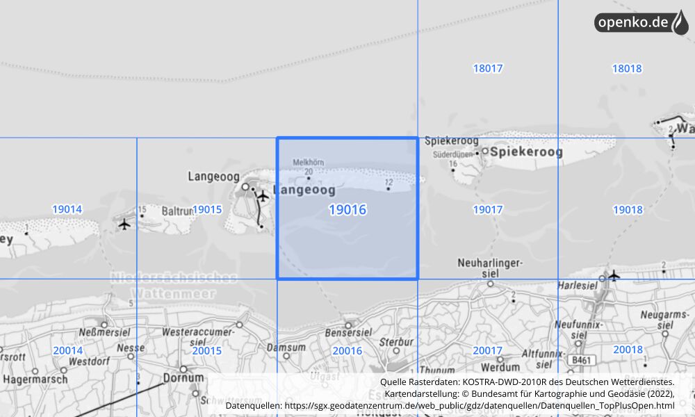 Übersichtskarte KOSTRA-DWD-2010R Rasterfeld Nr. 19016 mit angrenzenden Feldern