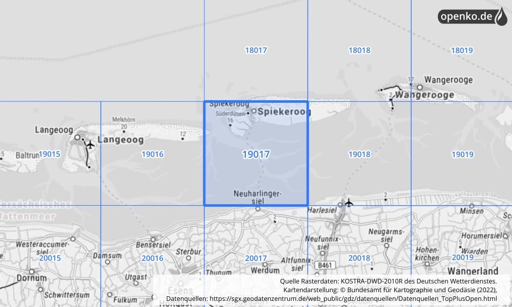 Übersichtskarte KOSTRA-DWD-2010R Rasterfeld Nr. 19017 mit angrenzenden Feldern