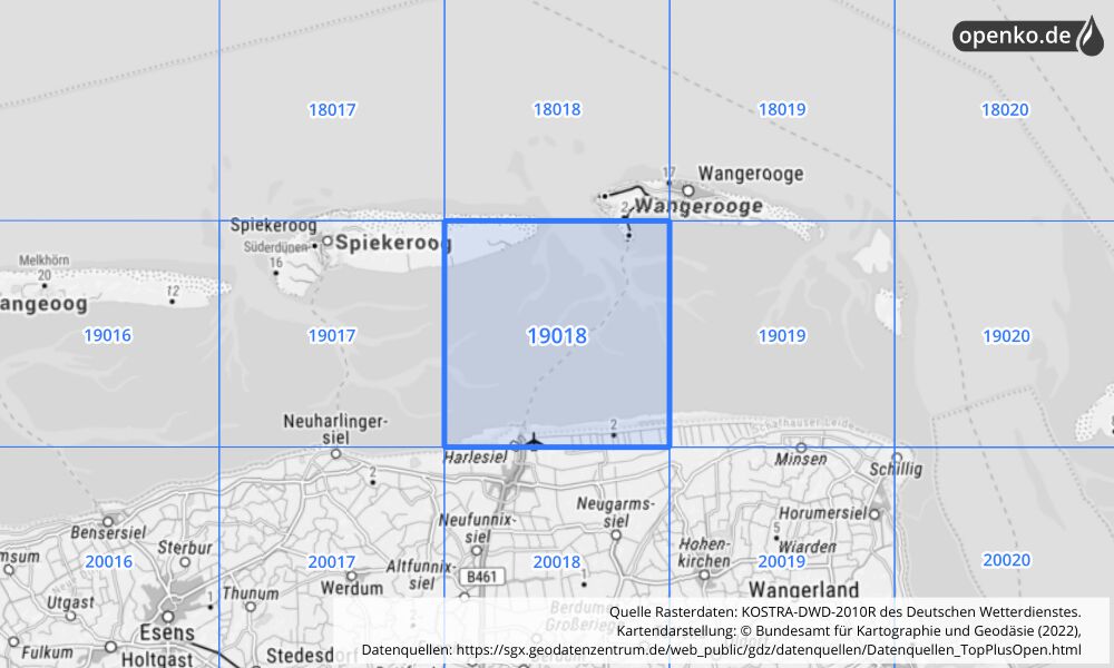 Übersichtskarte KOSTRA-DWD-2010R Rasterfeld Nr. 19018 mit angrenzenden Feldern