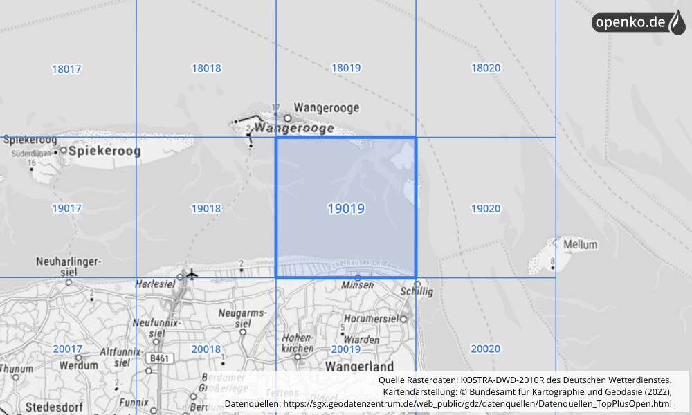 Übersichtskarte KOSTRA-DWD-2010R Rasterfeld Nr. 19019 mit angrenzenden Feldern