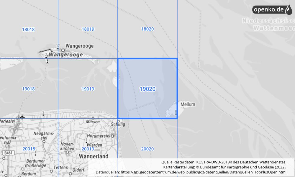 Übersichtskarte KOSTRA-DWD-2010R Rasterfeld Nr. 19020 mit angrenzenden Feldern