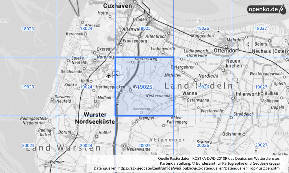 Übersichtskarte KOSTRA-DWD-2010R Rasterfeld Nr. 19025 mit angrenzenden Feldern