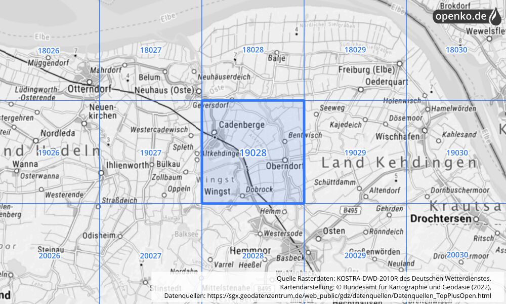 Übersichtskarte KOSTRA-DWD-2010R Rasterfeld Nr. 19028 mit angrenzenden Feldern