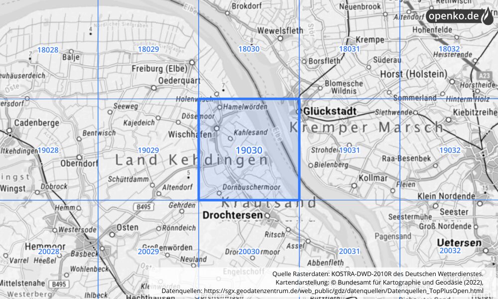 Übersichtskarte KOSTRA-DWD-2010R Rasterfeld Nr. 19030 mit angrenzenden Feldern