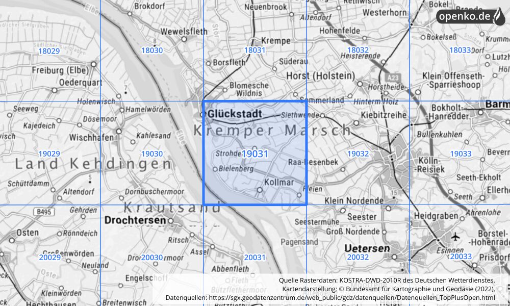 Übersichtskarte KOSTRA-DWD-2010R Rasterfeld Nr. 19031 mit angrenzenden Feldern