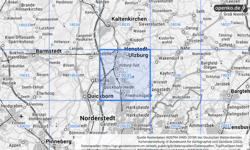 Übersichtskarte KOSTRA-DWD-2010R Rasterfeld Nr. 19035 mit angrenzenden Feldern