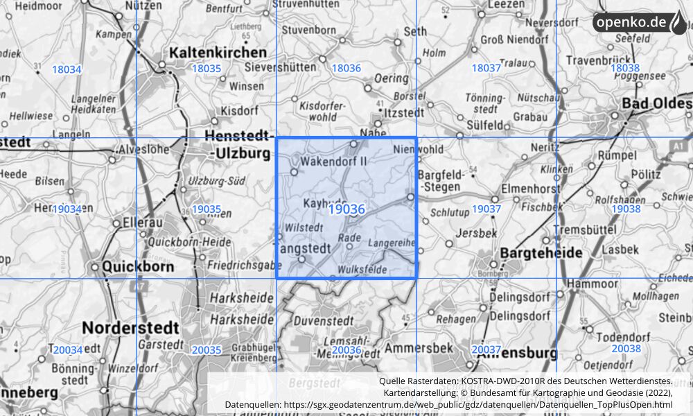 Übersichtskarte KOSTRA-DWD-2010R Rasterfeld Nr. 19036 mit angrenzenden Feldern