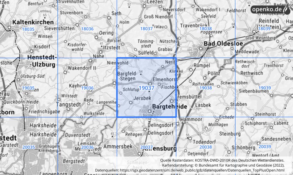 Übersichtskarte KOSTRA-DWD-2010R Rasterfeld Nr. 19037 mit angrenzenden Feldern