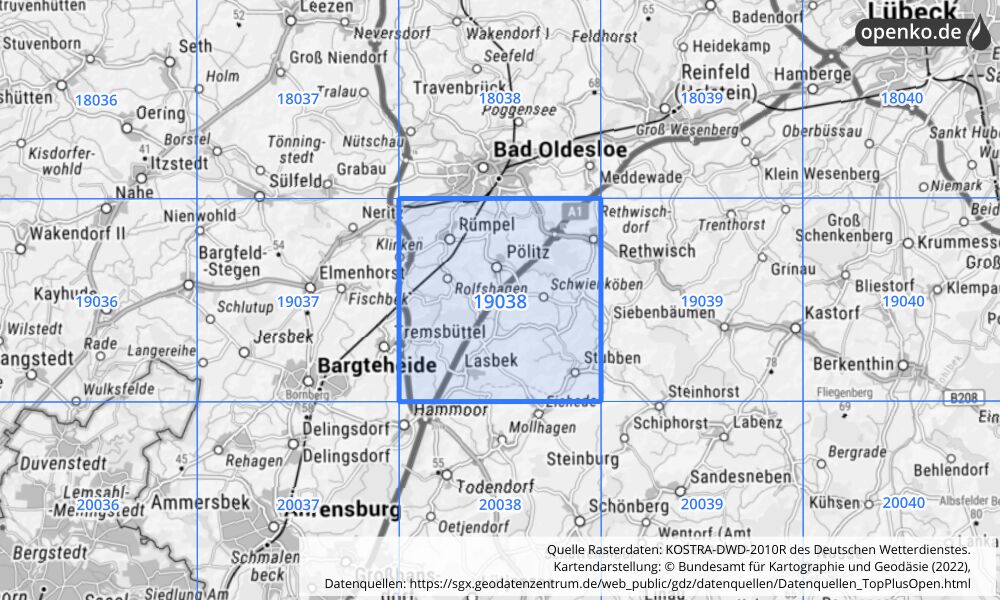 Übersichtskarte KOSTRA-DWD-2010R Rasterfeld Nr. 19038 mit angrenzenden Feldern