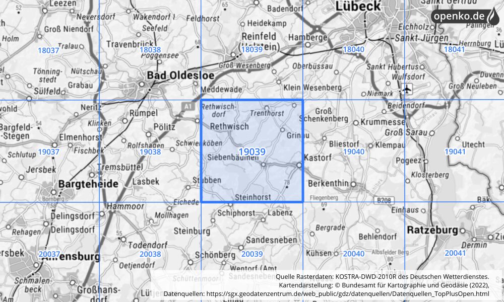 Übersichtskarte KOSTRA-DWD-2010R Rasterfeld Nr. 19039 mit angrenzenden Feldern