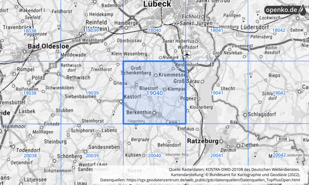 Übersichtskarte KOSTRA-DWD-2010R Rasterfeld Nr. 19040 mit angrenzenden Feldern