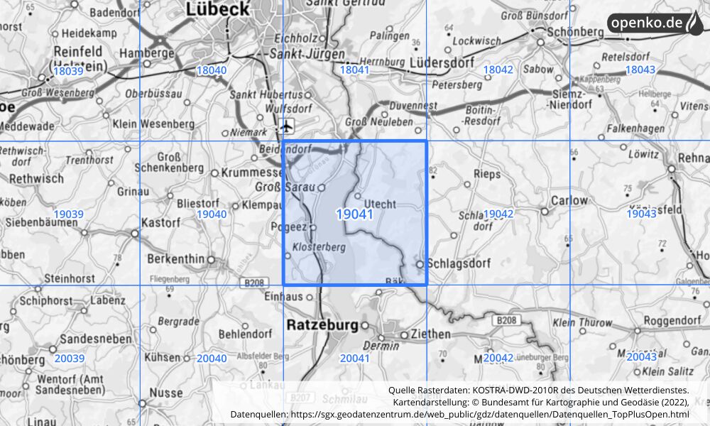 Übersichtskarte KOSTRA-DWD-2010R Rasterfeld Nr. 19041 mit angrenzenden Feldern