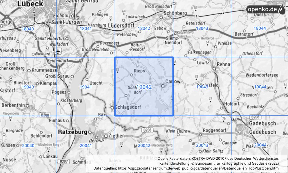 Übersichtskarte KOSTRA-DWD-2010R Rasterfeld Nr. 19042 mit angrenzenden Feldern