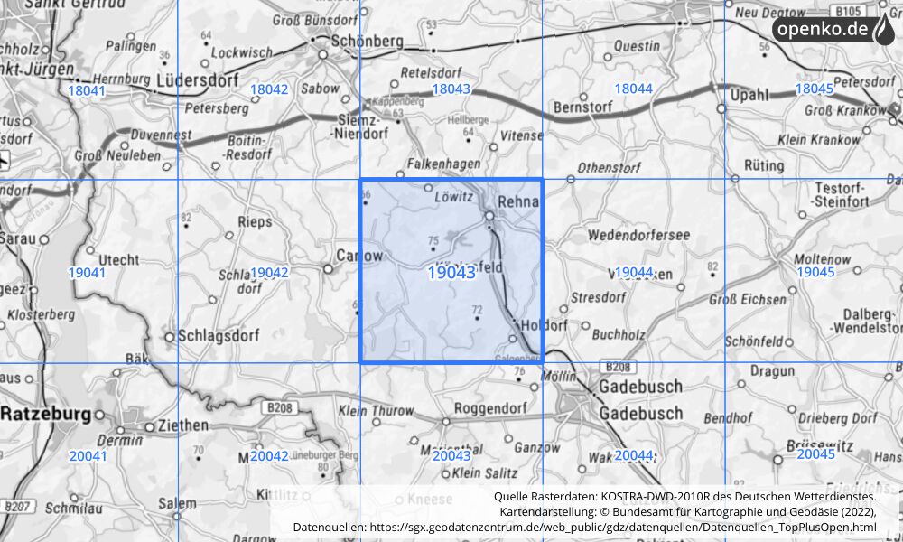 Übersichtskarte KOSTRA-DWD-2010R Rasterfeld Nr. 19043 mit angrenzenden Feldern