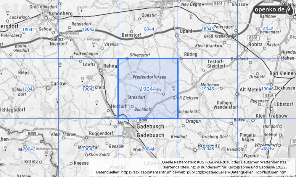 Übersichtskarte KOSTRA-DWD-2010R Rasterfeld Nr. 19044 mit angrenzenden Feldern