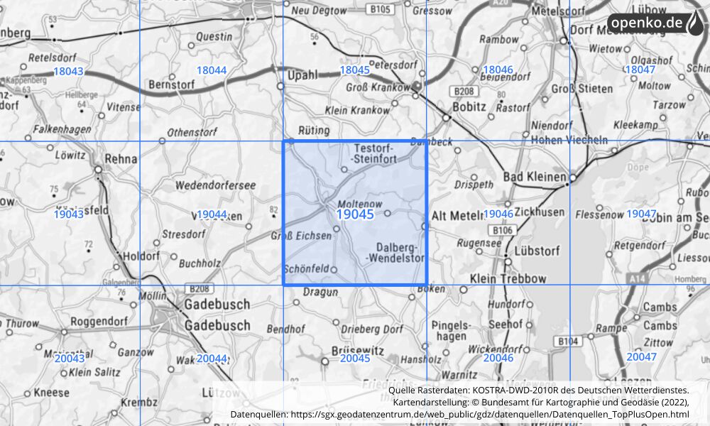 Übersichtskarte KOSTRA-DWD-2010R Rasterfeld Nr. 19045 mit angrenzenden Feldern