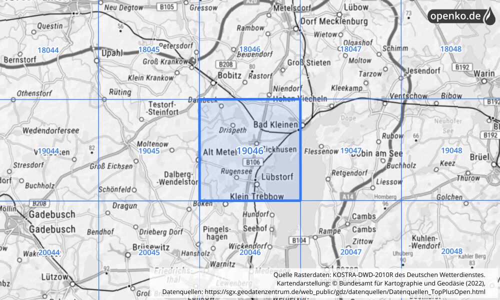 Übersichtskarte KOSTRA-DWD-2010R Rasterfeld Nr. 19046 mit angrenzenden Feldern