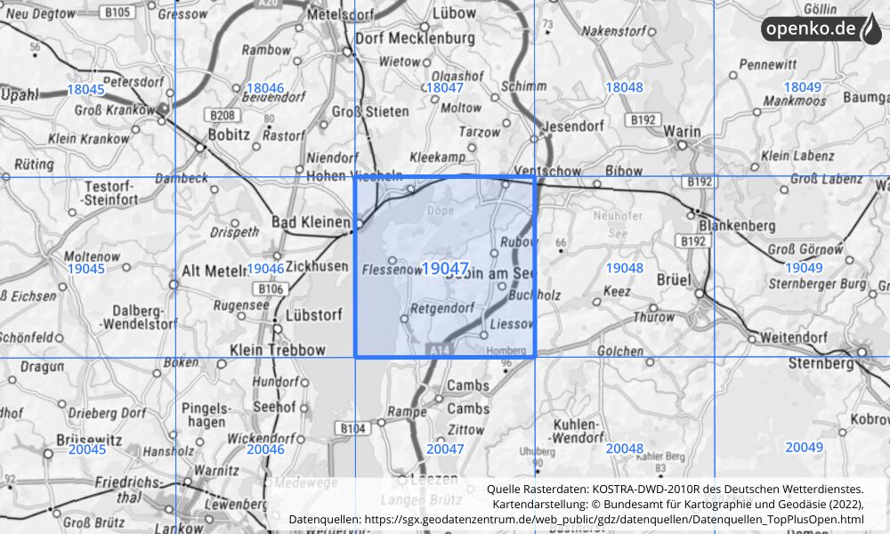 Übersichtskarte KOSTRA-DWD-2010R Rasterfeld Nr. 19047 mit angrenzenden Feldern