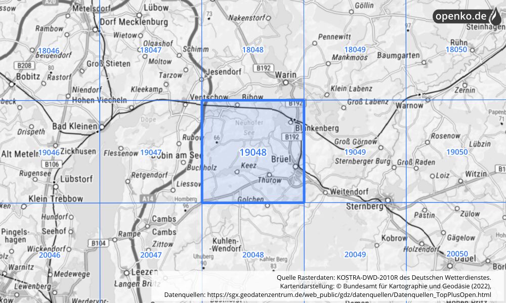 Übersichtskarte KOSTRA-DWD-2010R Rasterfeld Nr. 19048 mit angrenzenden Feldern