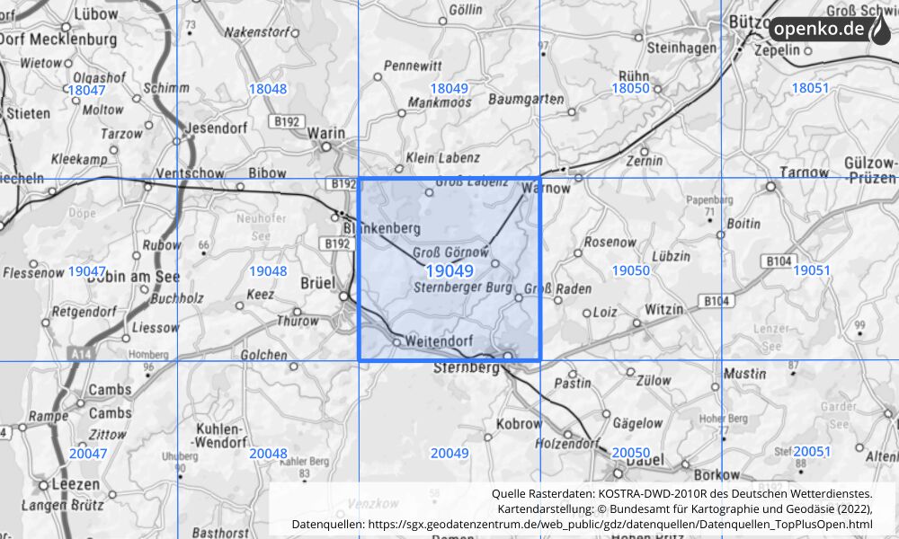 Übersichtskarte KOSTRA-DWD-2010R Rasterfeld Nr. 19049 mit angrenzenden Feldern