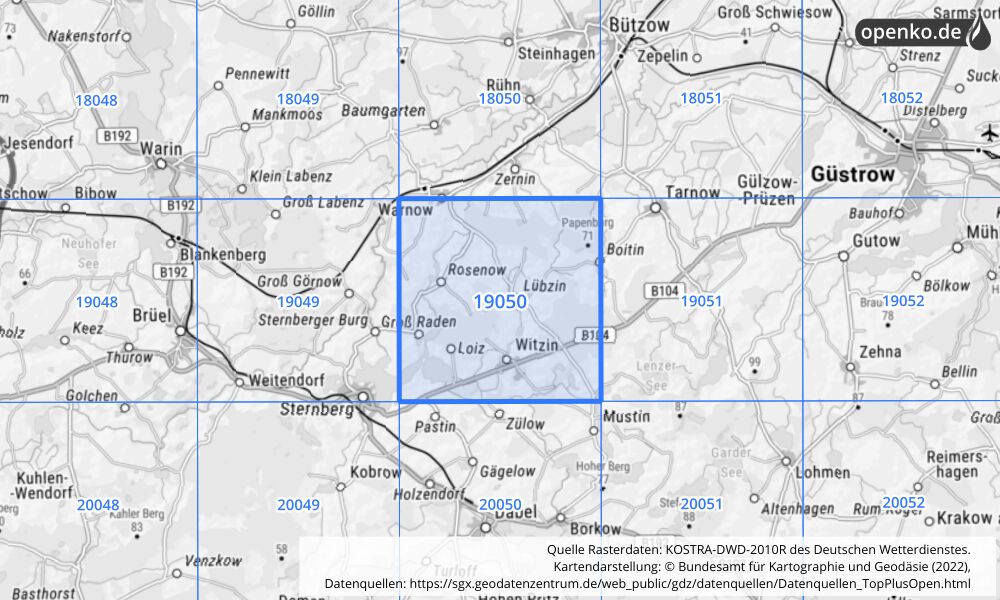 Übersichtskarte KOSTRA-DWD-2010R Rasterfeld Nr. 19050 mit angrenzenden Feldern